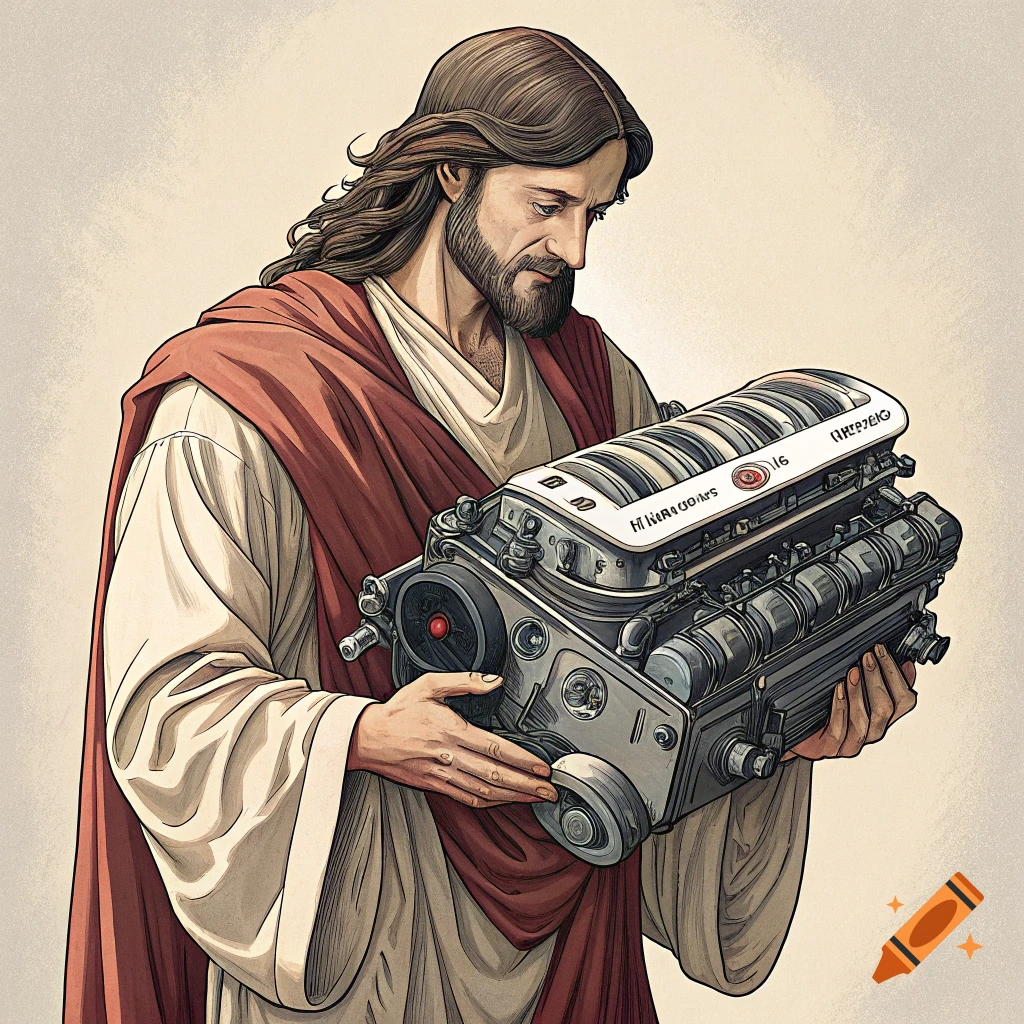 Jesus holding a car engine in an illustrative style.