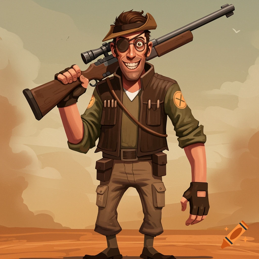 Cartoon illustration of the Team Fortress 2 Sniper character with an eyepatch, hat, rifle, and exaggerated grin in a desert.