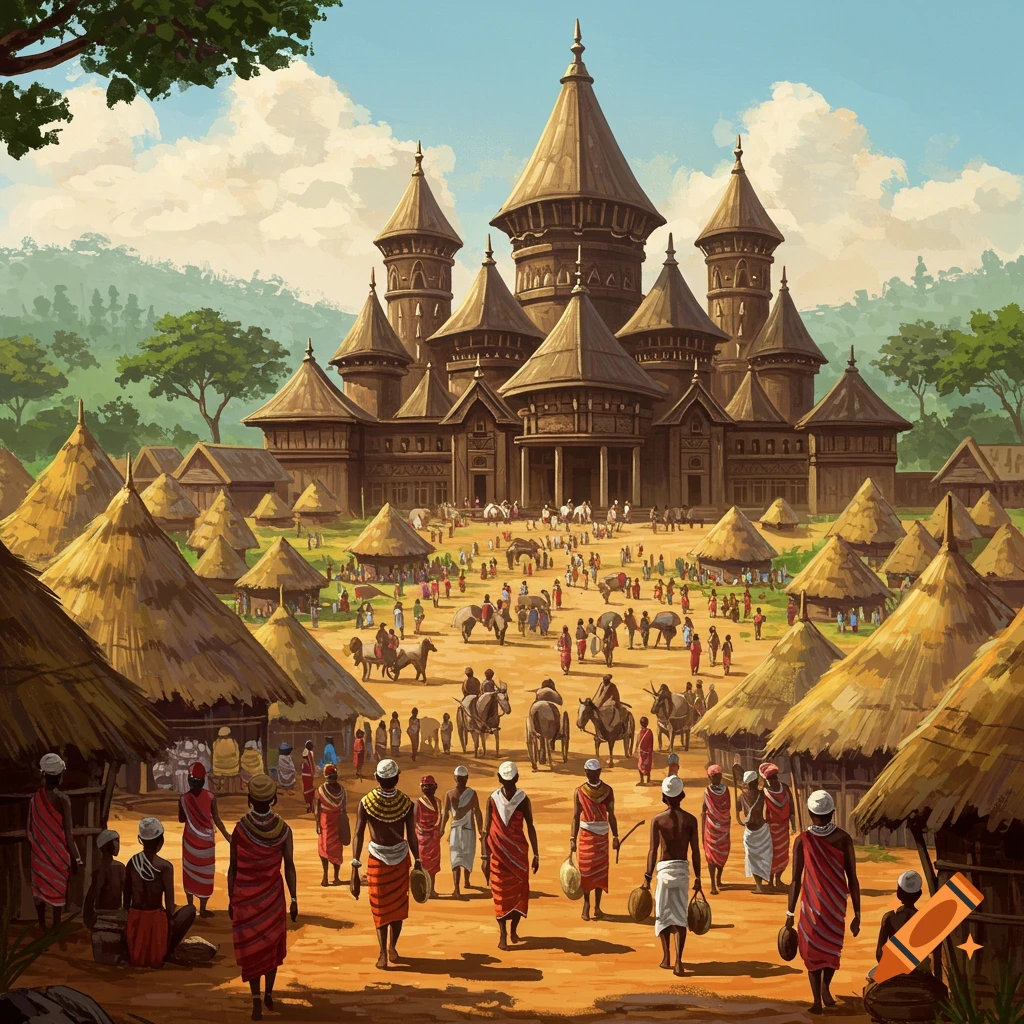 A historical African marketplace with a large wooden palace, huts, people, and animals.