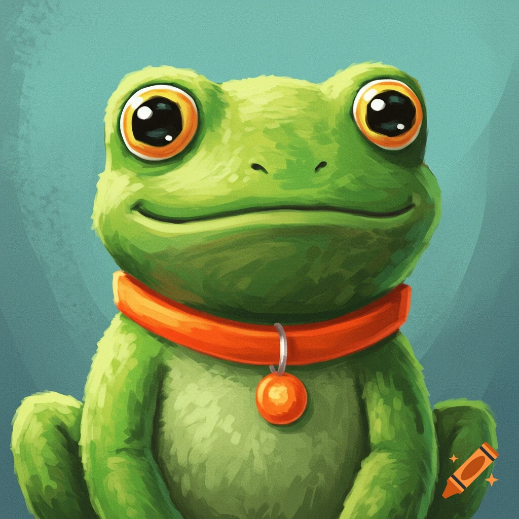 A green stuffed frog wearing an orange collar.