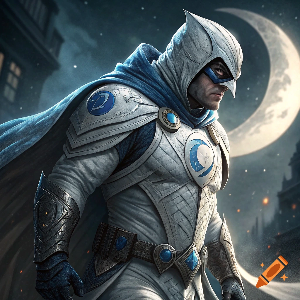 Character in white and blue armored suit with hood and mask standing under a crescent moon at night.
