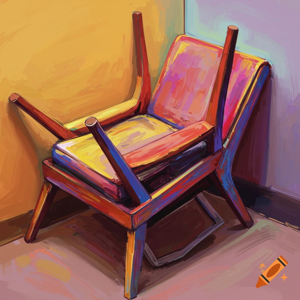 An upside down wooden chair sits in a corner, rendered in vibrant expressionistic colors.
