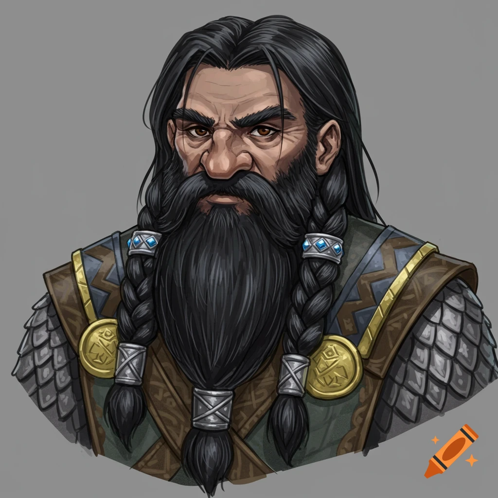 Portrait of a male dwarf with a long black beard and braided hair wearing armor.