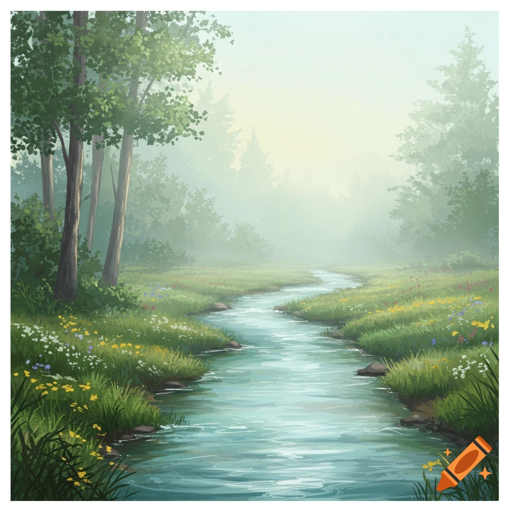 A stream flows through a misty meadow with trees and wildflowers.