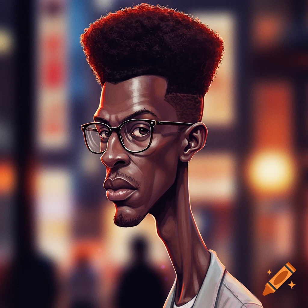 A caricature of a person with an afro and glasses in a city.