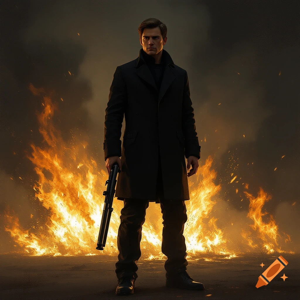 A man in a coat holding a shotgun standing among large fires and smoke.
