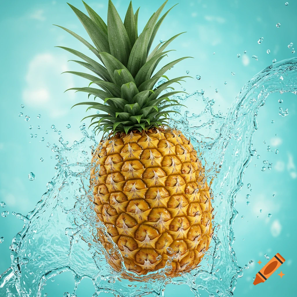 Highly realistic photo of a pineapple with water splashing around it.