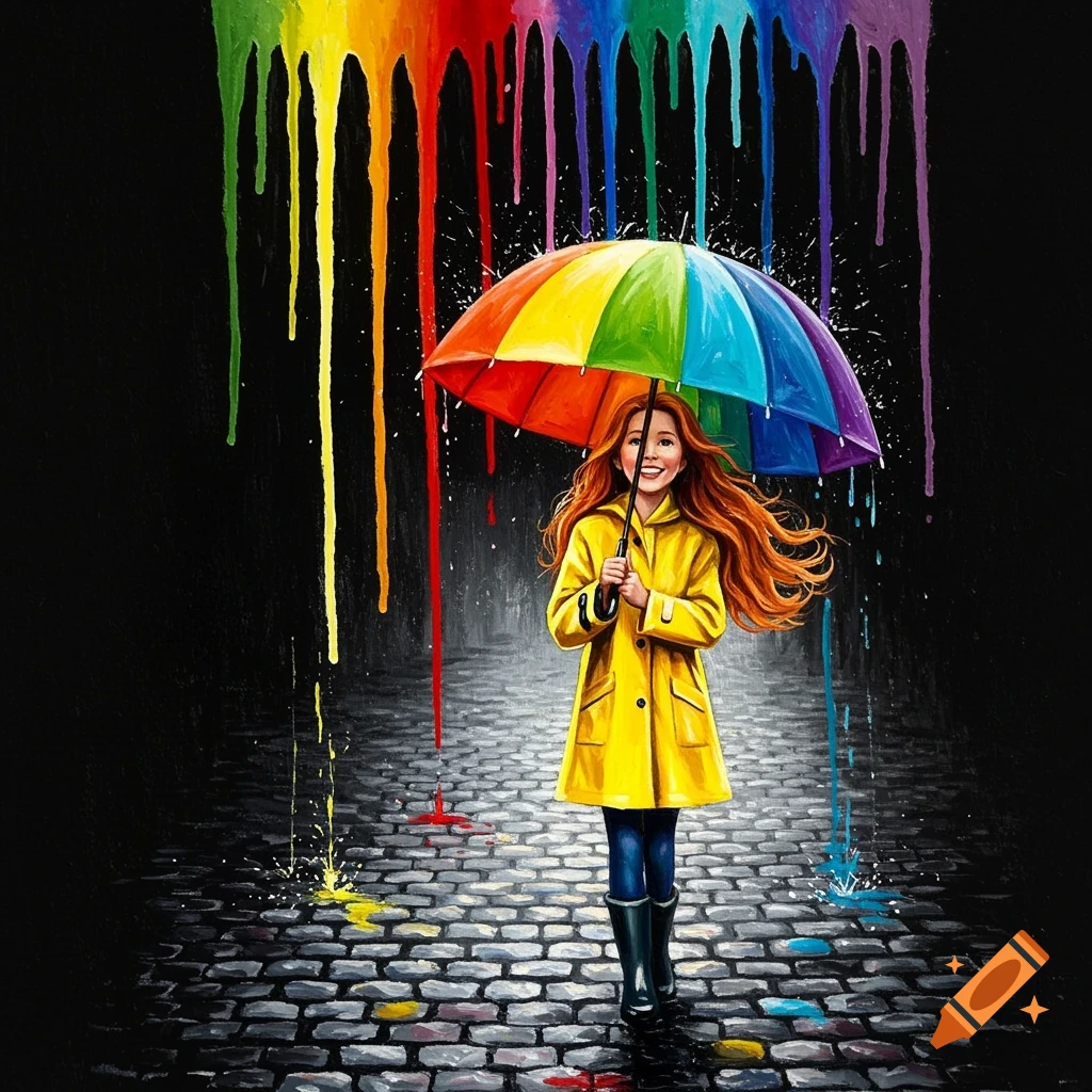 A girl in a yellow raincoat is holding a rainbow umbrella on a cobblestone street under rainbow drips.