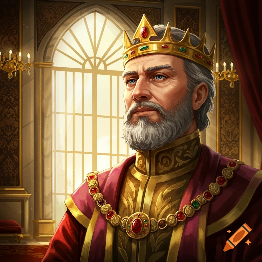 A king or regent wearing a gold crown and red robes, sitting in a grand room.