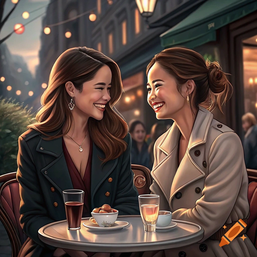 Two women smile at each other while sitting at an outdoor cafe table with drinks and snacks. Illustration style.