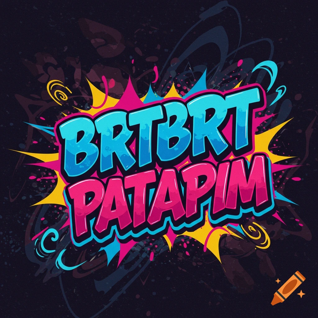 Stylized colorful text BRTBRT PATAPIM over a graphic explosion background.