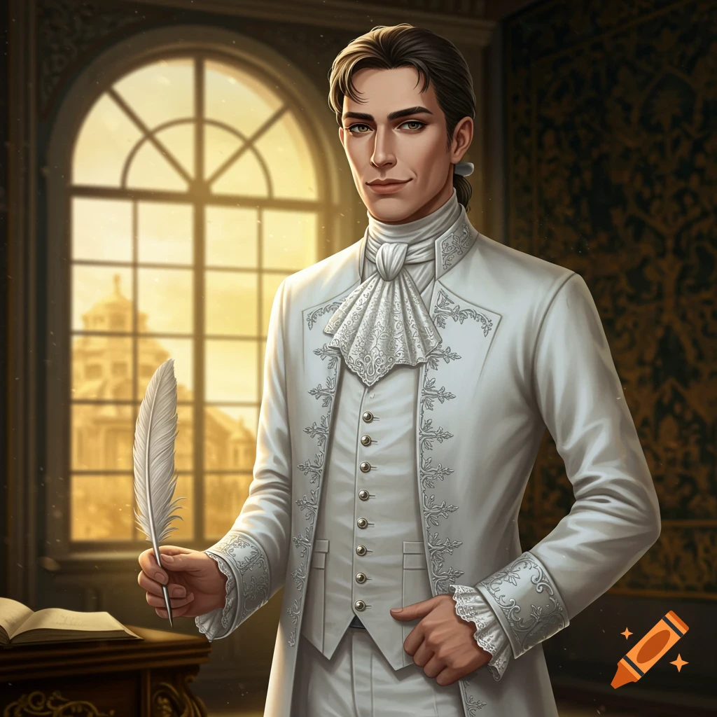 A man in a white historical suit holds a quill in a room.