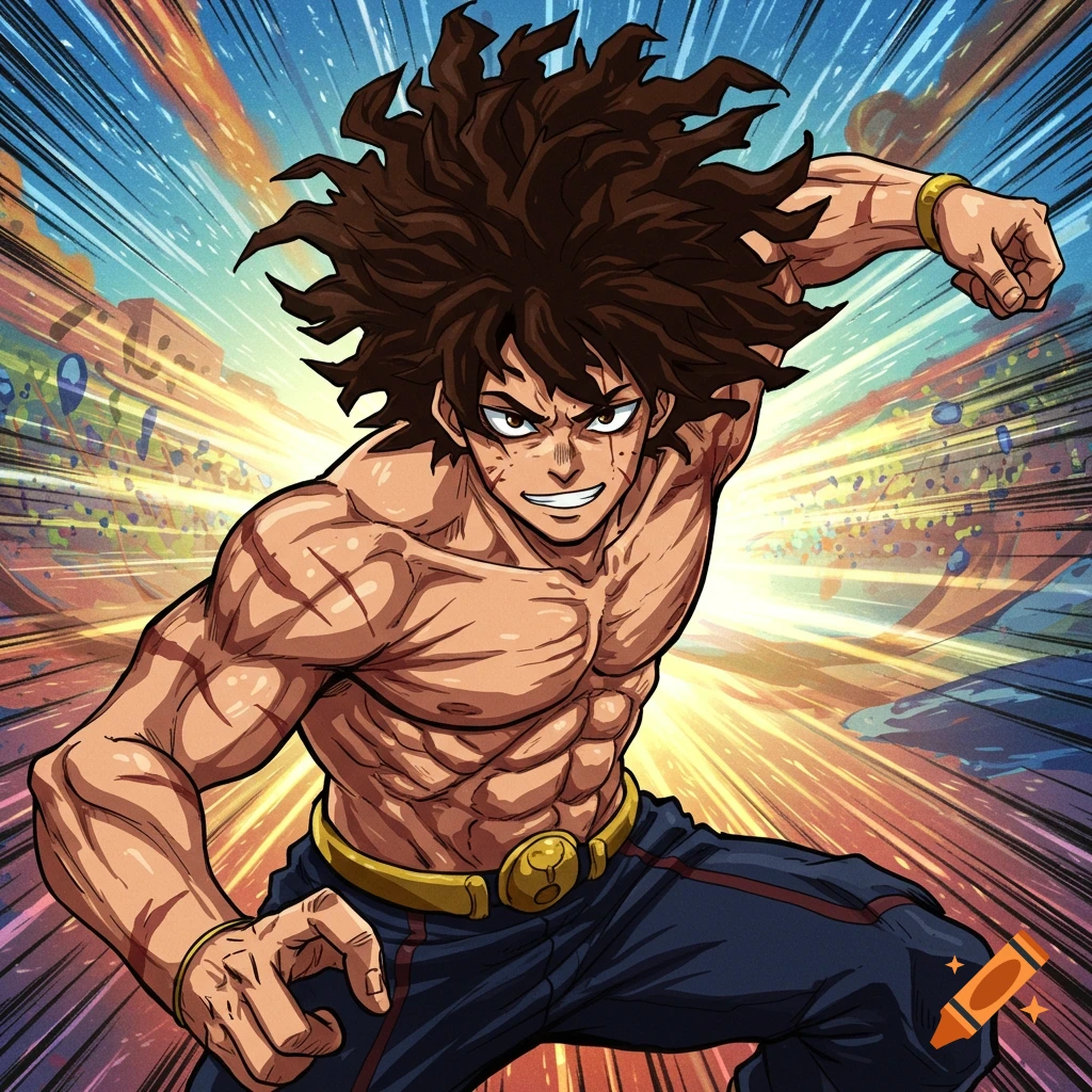 A muscular anime character with messy brown hair poses dynamically.