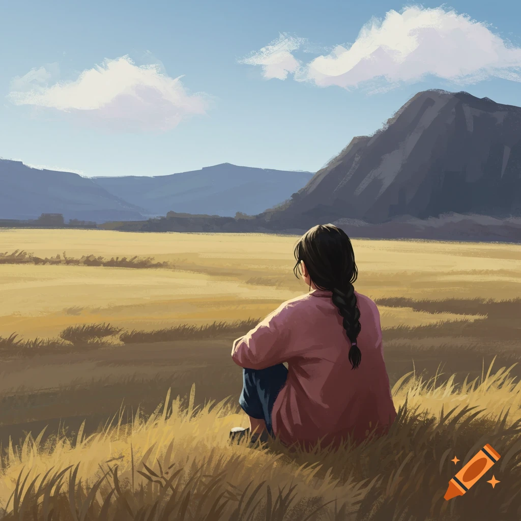 A person sitting in a golden field looking at mountains under a blue sky.