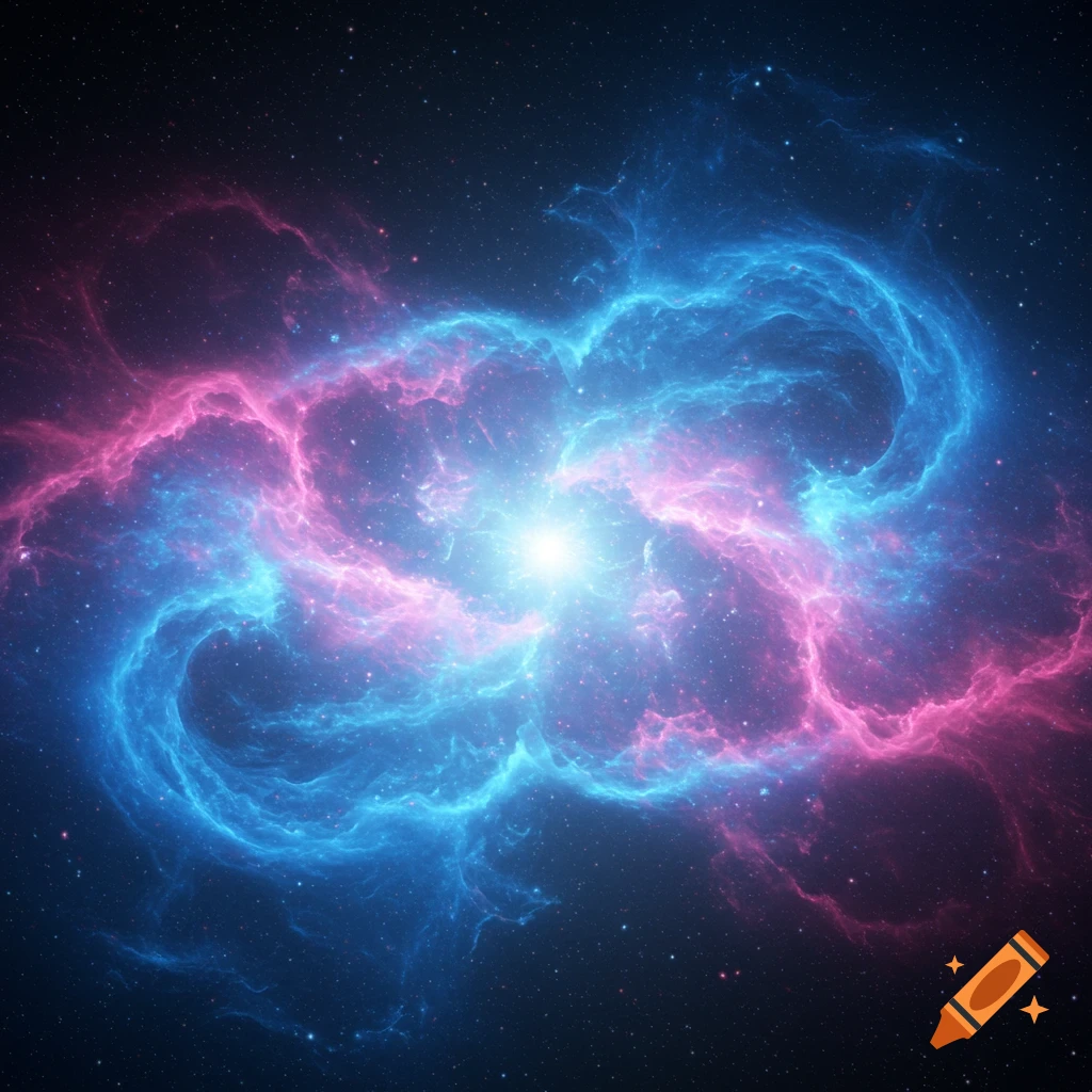 A bright star is surrounded by swirling blue and pink nebula in space.