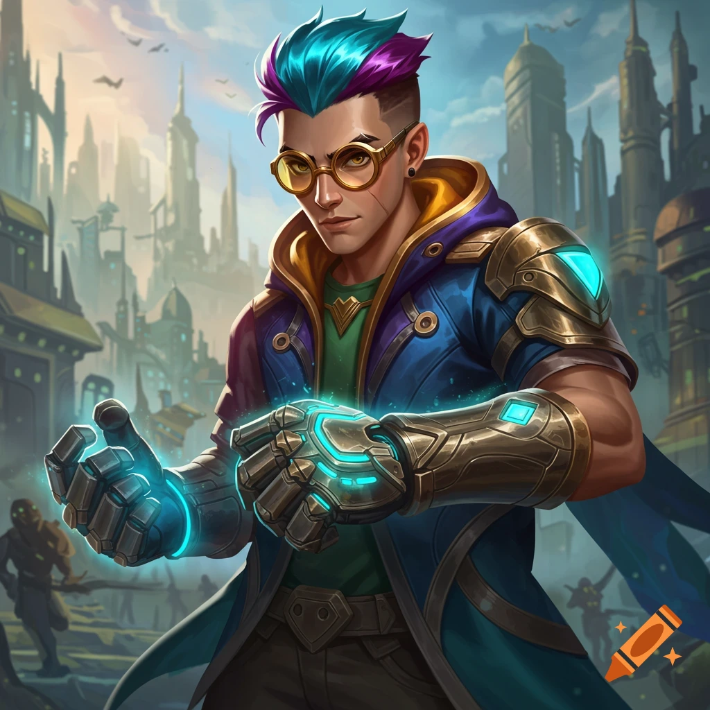 A man with blue and purple hair, wearing glasses and glowing armored gloves, standing in a fantasy cityscape.