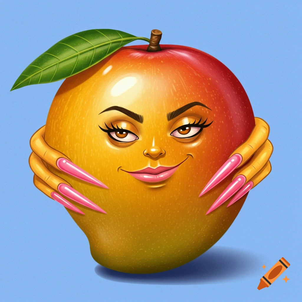 A mango with a face and hands holding itself, showing long pink nails.