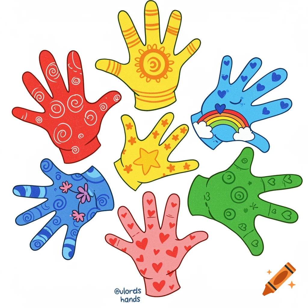 Colorful stylized hands with patterns on a white background, childlike illustration.