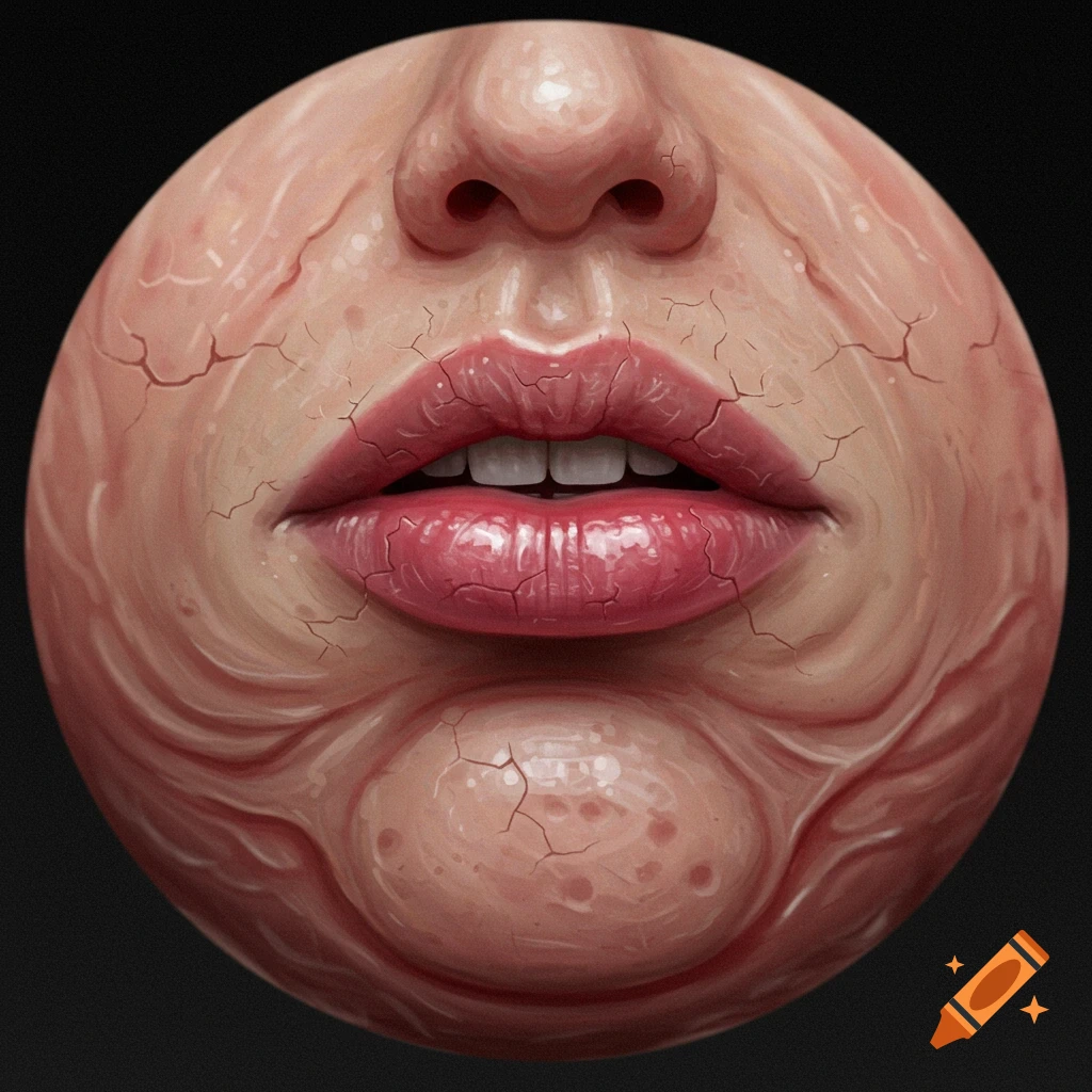 Cracked lips and wrinkled skin on a sphere, evoking decay.