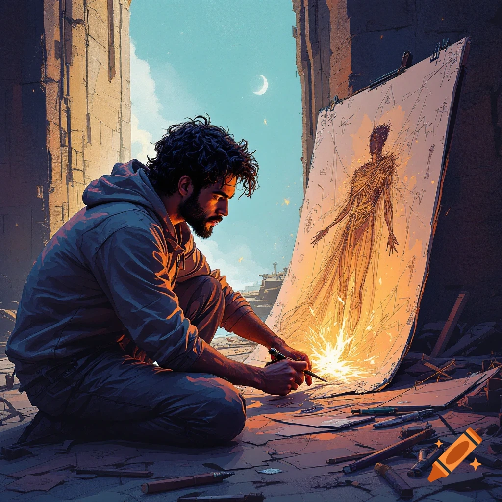 Man kneels in ruins, drawing on a large canvas that glows with sparks
