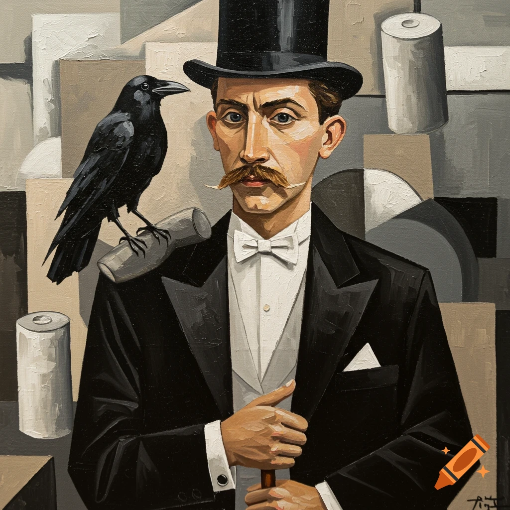 Cubist painting of a man in tuxedo and top hat with crow on shoulder and geometric shapes.