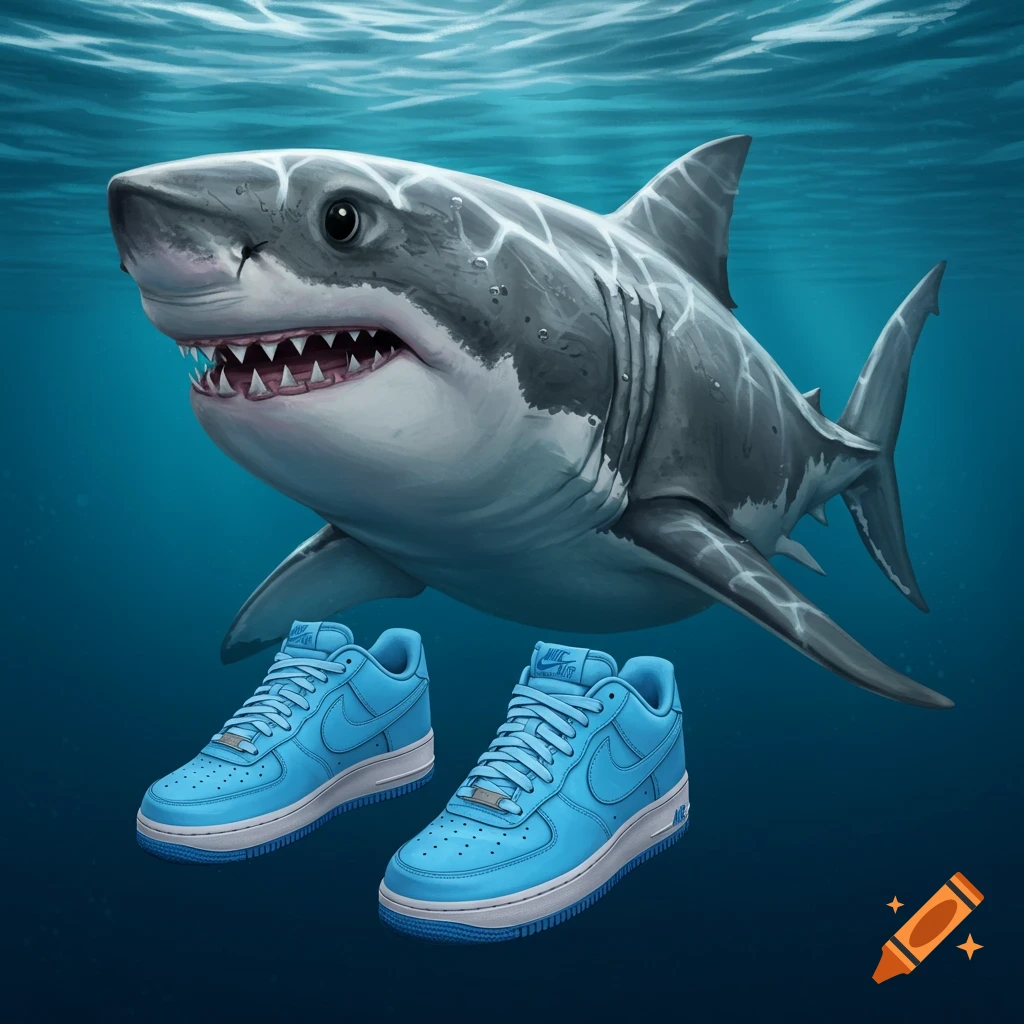 A shark swimming underwater with two blue sneakers floating below it.