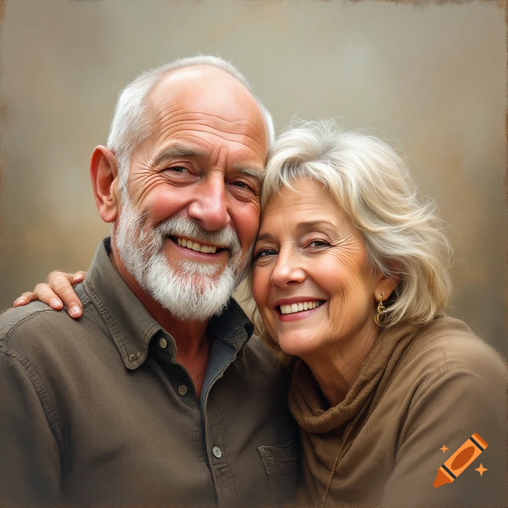 A smiling older man and woman hug. Painterly style.