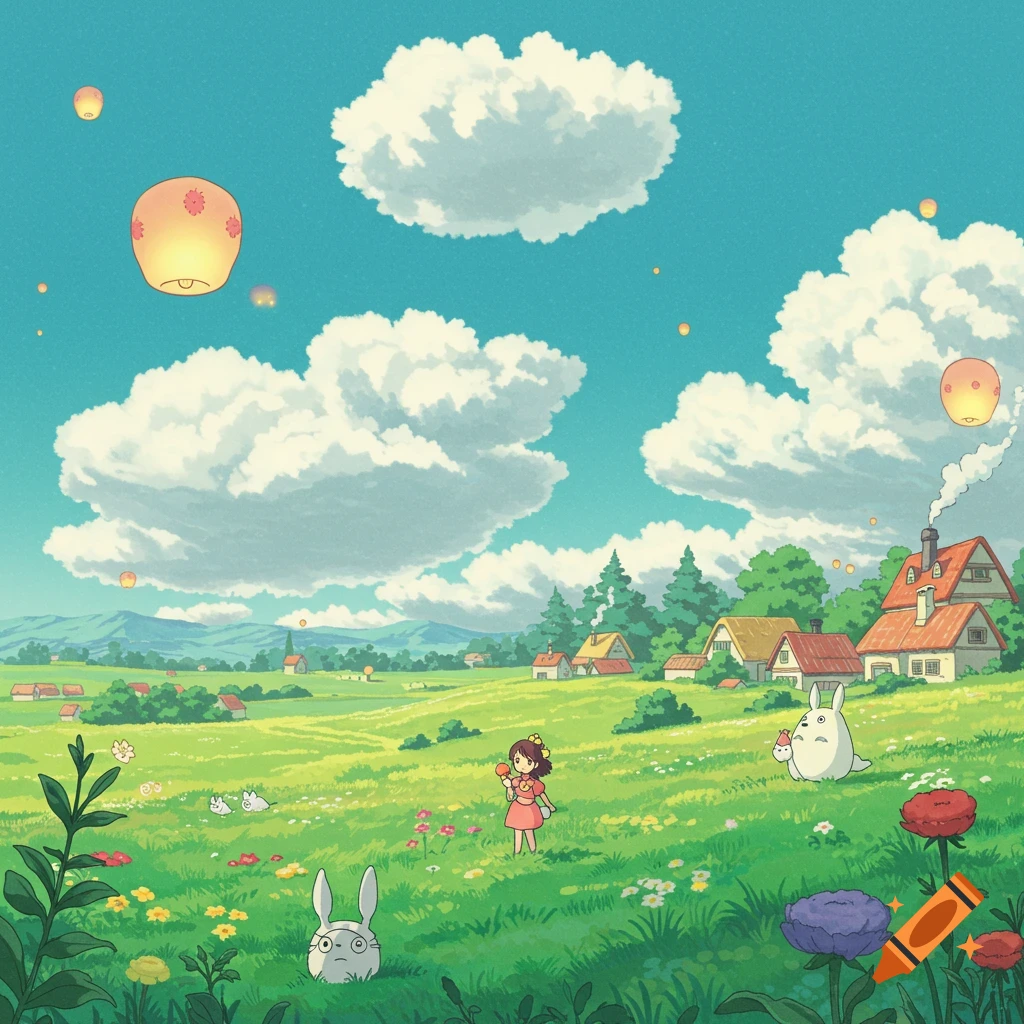 A lush green meadow with houses, mountains, and sky lanterns. A girl stands near cartoon creatures in Studio Ghibli style.