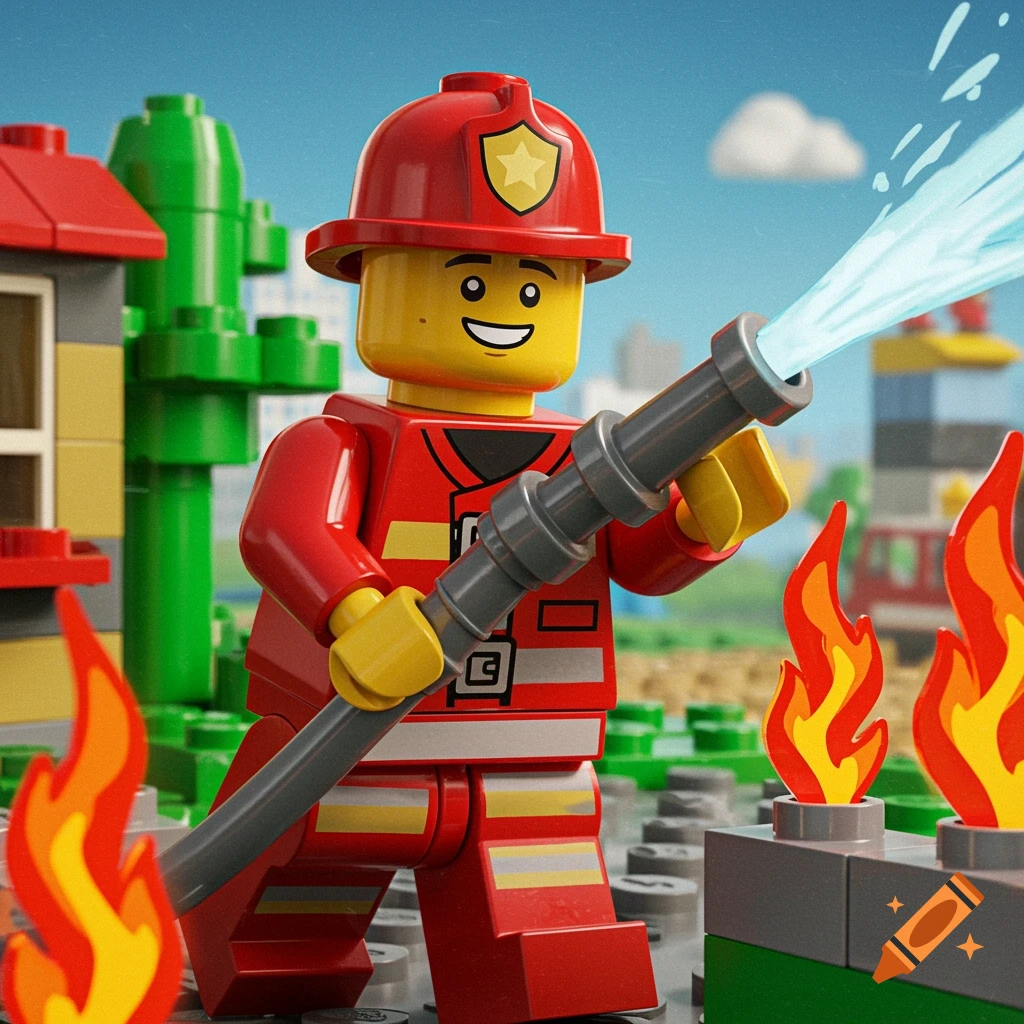 A Lego fireman sprays water on cartoon flames with a hose in a colorful cityscape.