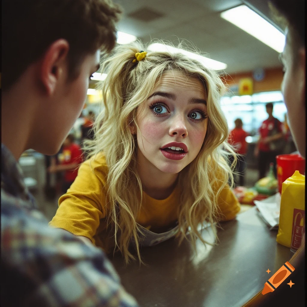 Young woman with blonde hair looks surprised in a restaurant, fisheye view.