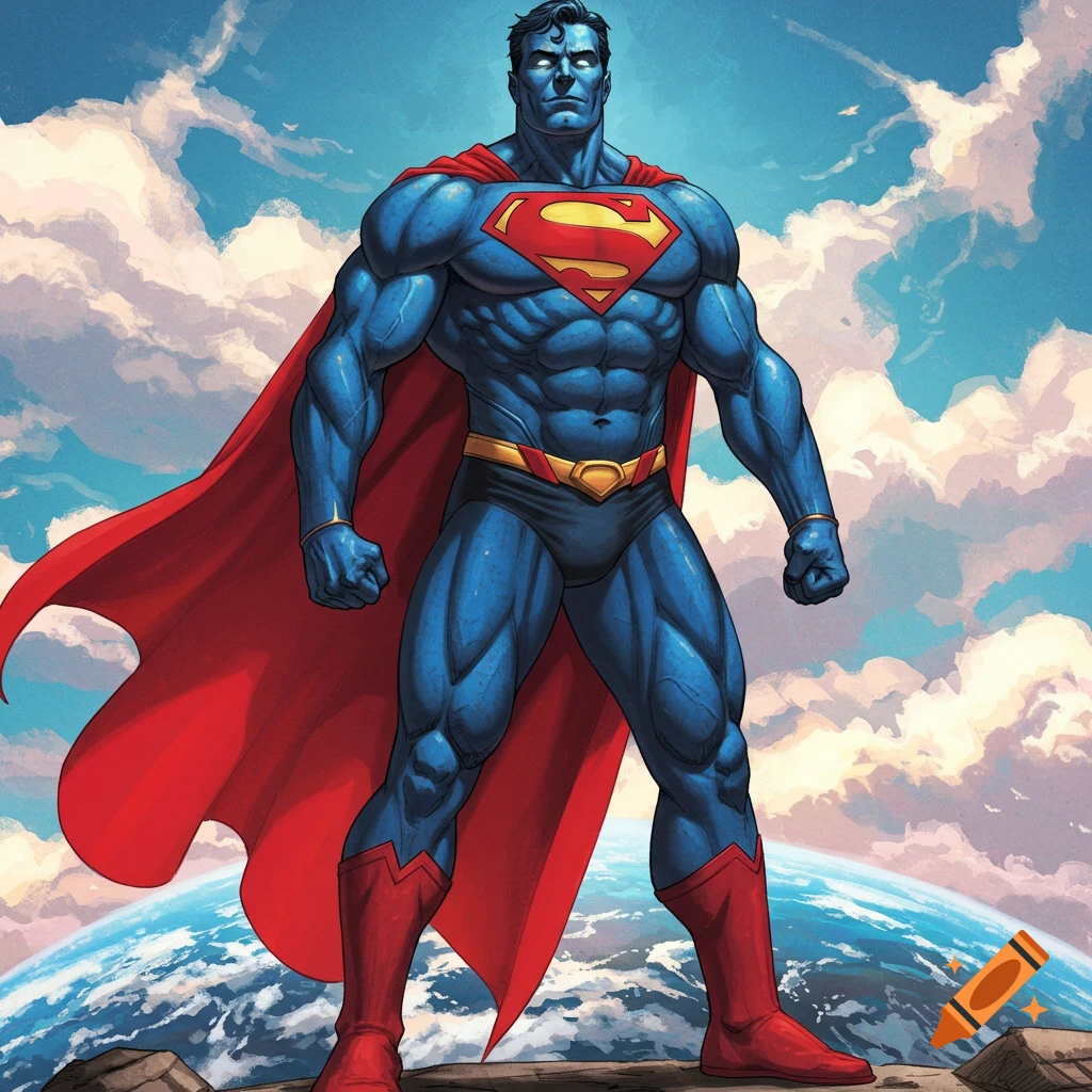 A powerful superhero in a blue suit with red cape and S symbol, standing over the Earth.