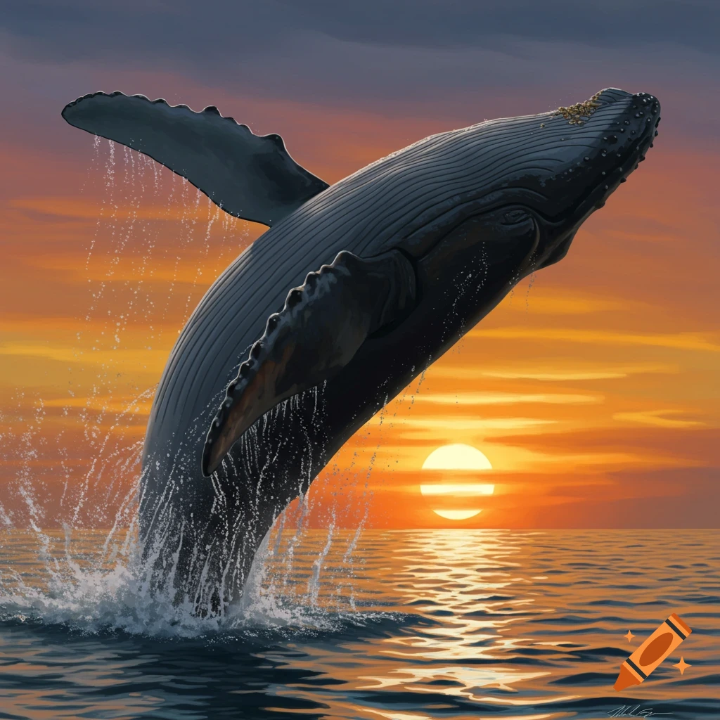A humpback whale breaches out of the ocean at sunset.