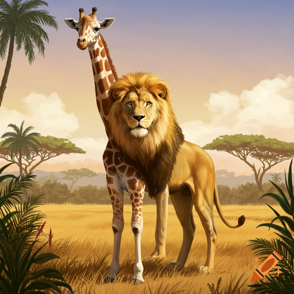 A genetically combined giraffe and lion stands in a savanna landscape.