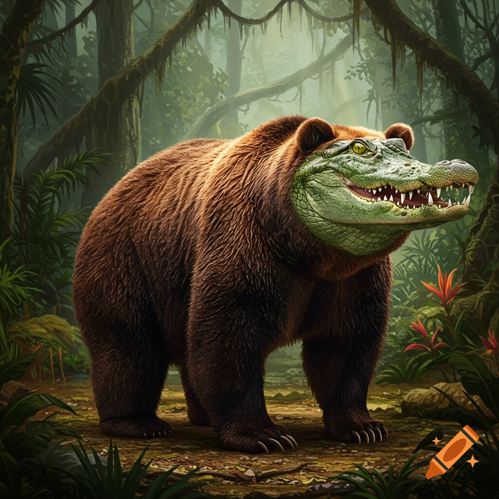A bear with an alligator head standing in a jungle.