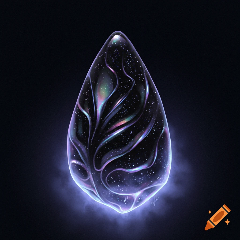 A glowing teardrop-shaped cosmic gem against a dark background.