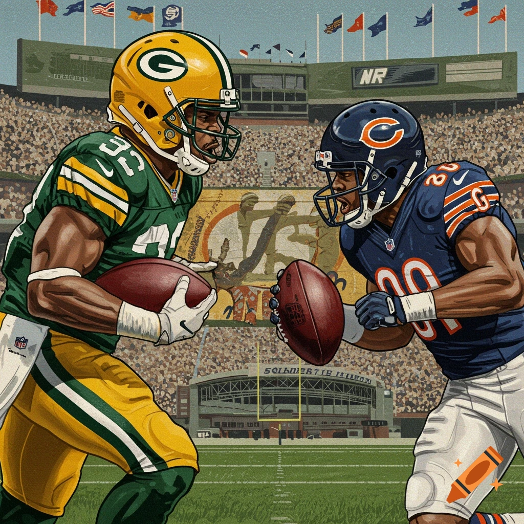 Two football players in Green Bay Packers and Chicago Bears uniforms face each other on a field with a stadium background.