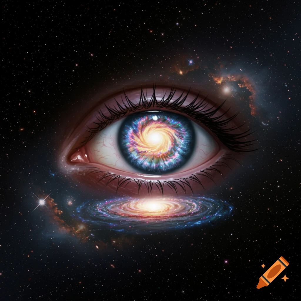 An eye with a galaxy reflected in the iris, surrounded by stars in space.