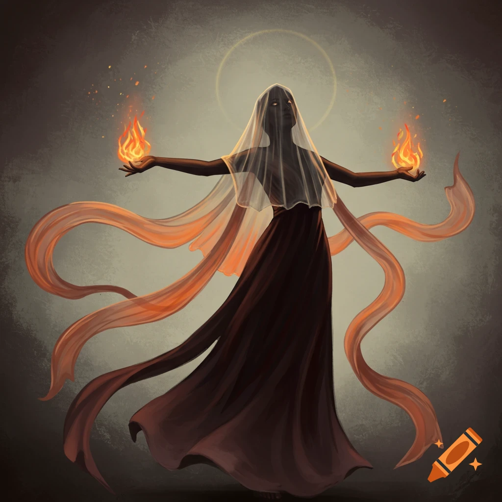 A veiled figure is holding fire, with flowing fabric.