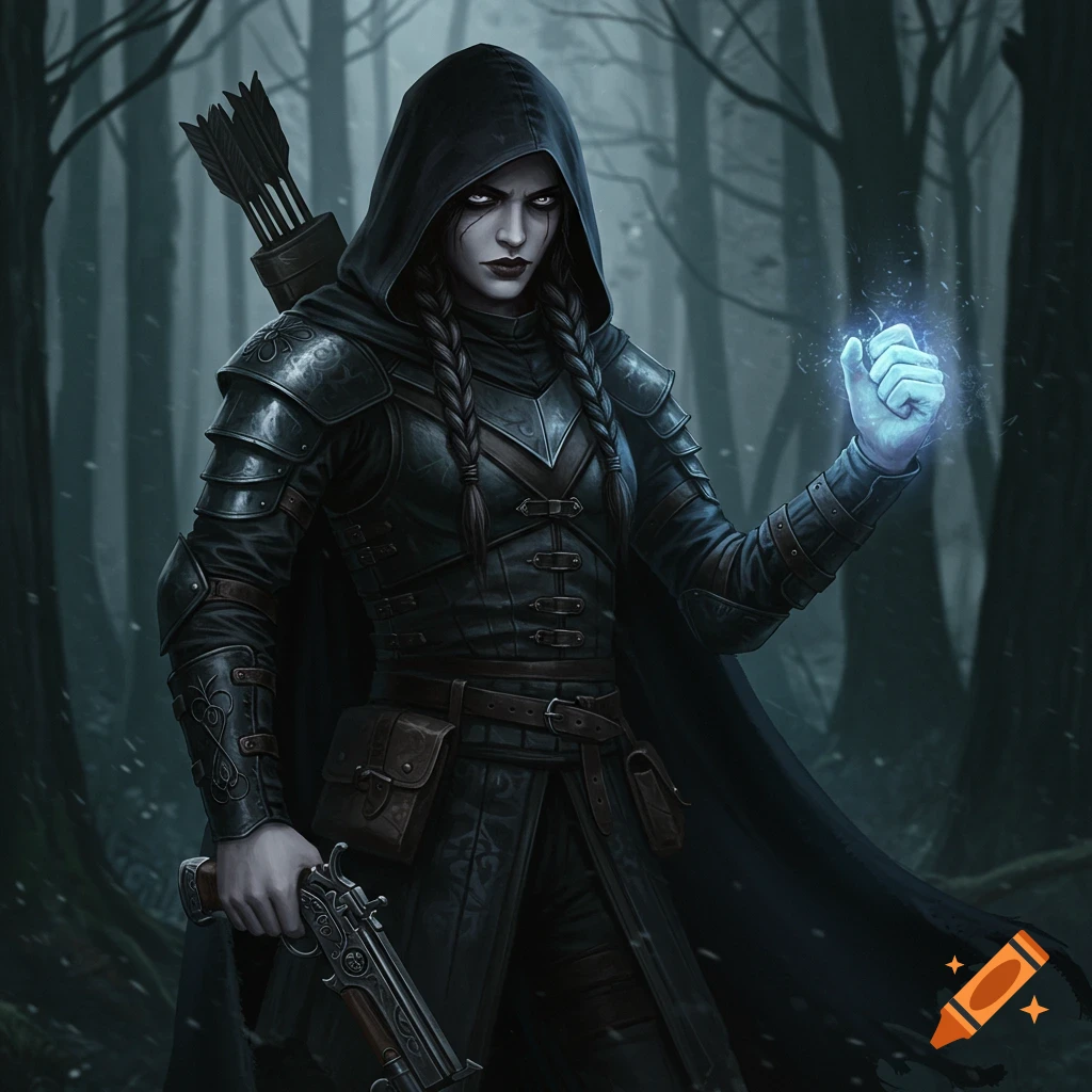 A woman in black hooded fantasy armor holding a pistol crossbow and casting a blue spell in a forest.