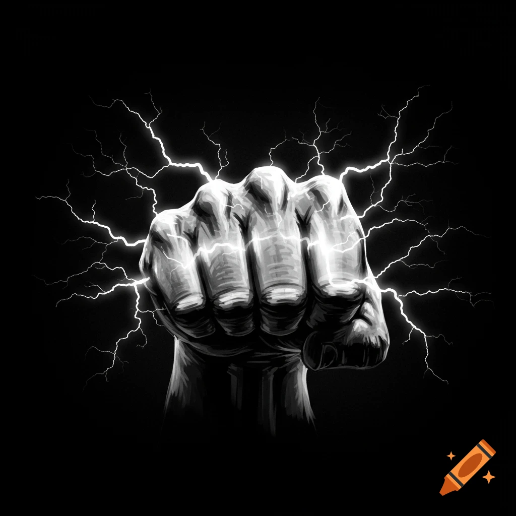 A black and white fist surrounded by white lightning.