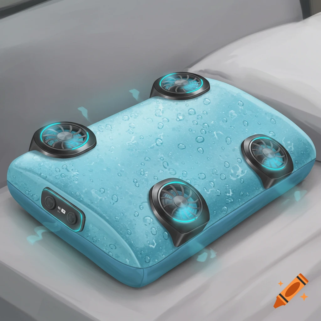 A blue cooling pillow with fans and water droplets