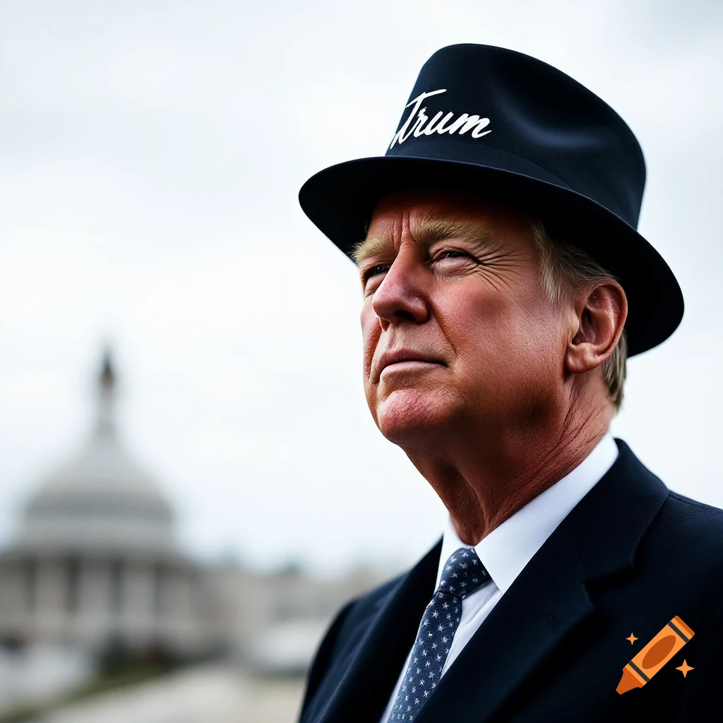 A person resembling Donald Trump wears a black fedora with the word 'Trum' and a suit, with the Capitol Building in the background.