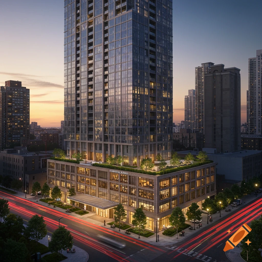 Photorealistic render of a modern glass and stone high-rise building with trees on the roof terrace at dusk. Red light trails from cars streak across the foreground street.