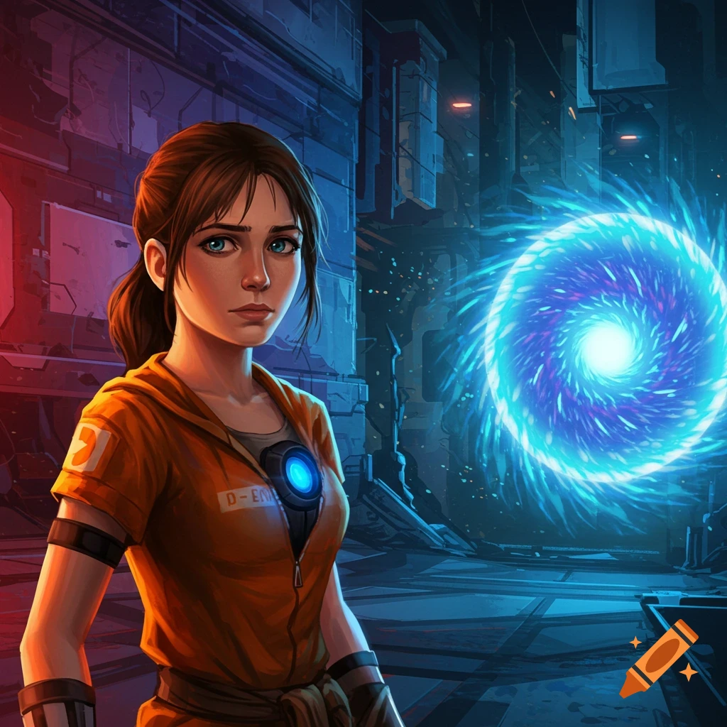 A woman in an orange jumpsuit stands in a futuristic corridor with a glowing blue portal behind her.