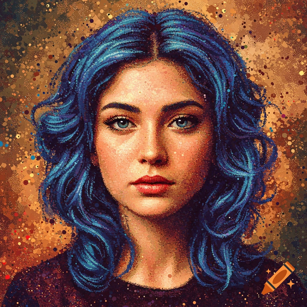 Pointillist portrait of a woman with blue hair.