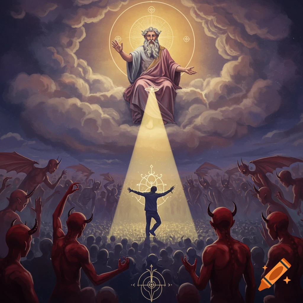 A God figure in clouds shines a light on a man dancing among demons.