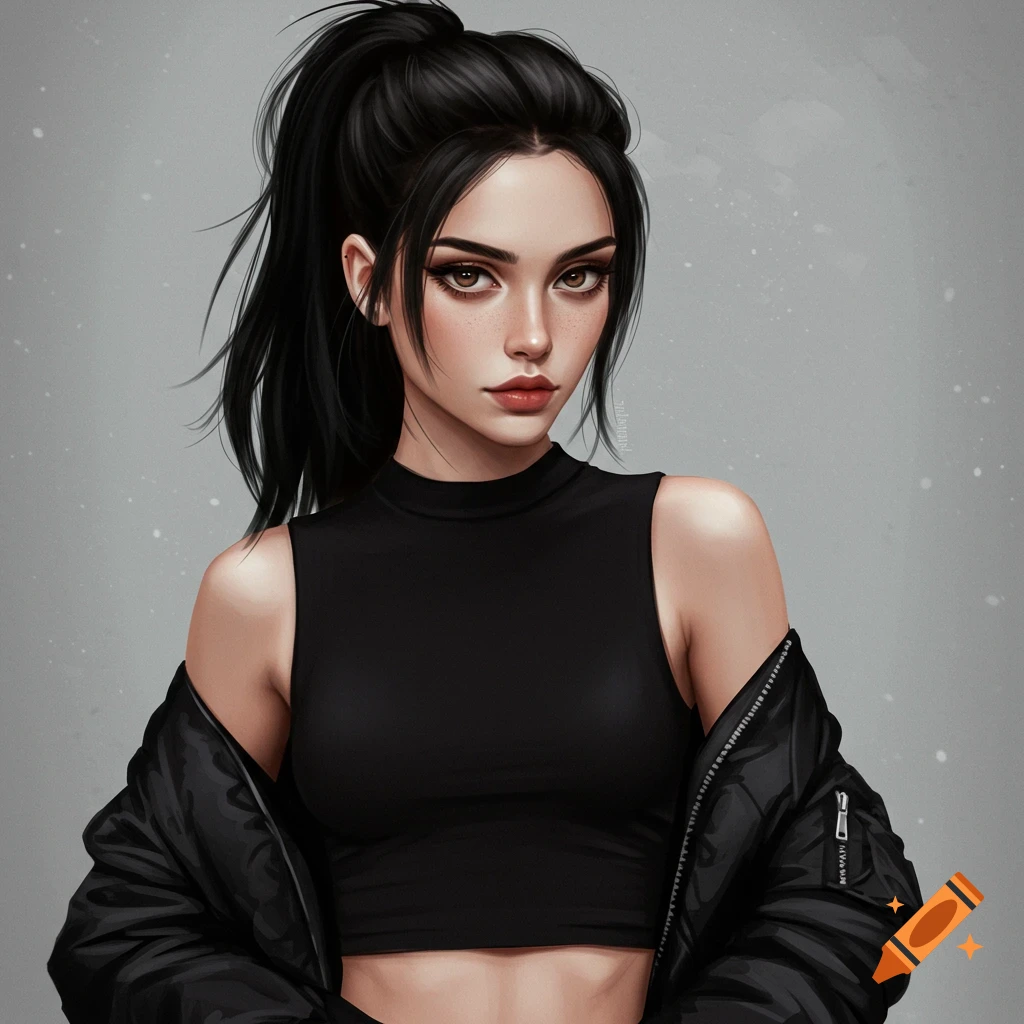 Portrait of a woman with black hair in ponytail, black crop top, and black jacket.