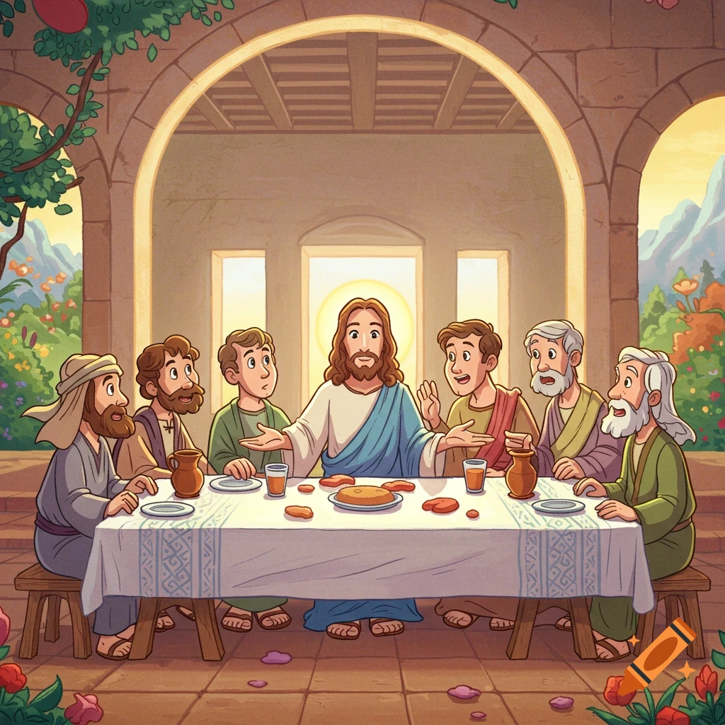 Jesus and disciples eating at a table in a cartoon style.