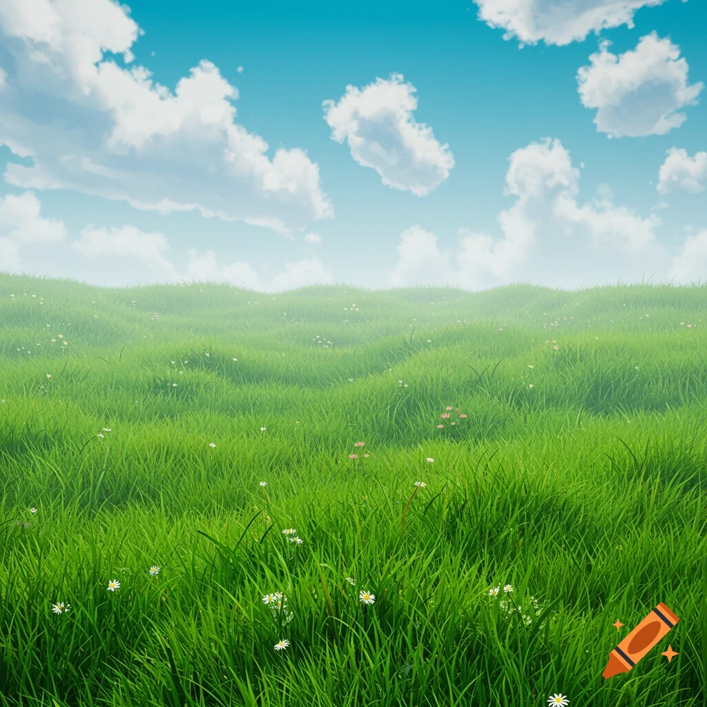 A grassy field with white and pink flowers under a blue sky with clouds.