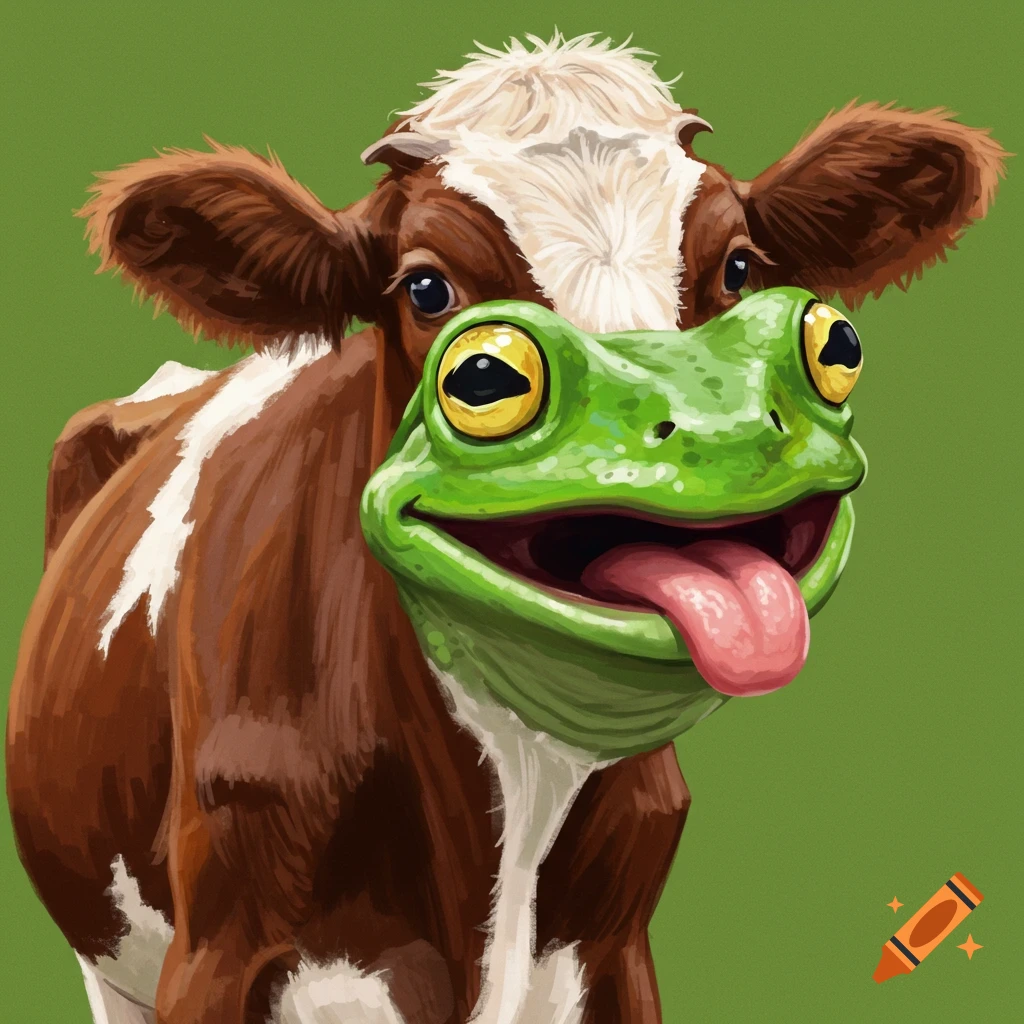 A brown and white cow with a green frog head sticking out